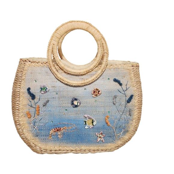 Vintage Cappelli Straworld Inc fish Embellished woven straw purse - Picture 1 of 7